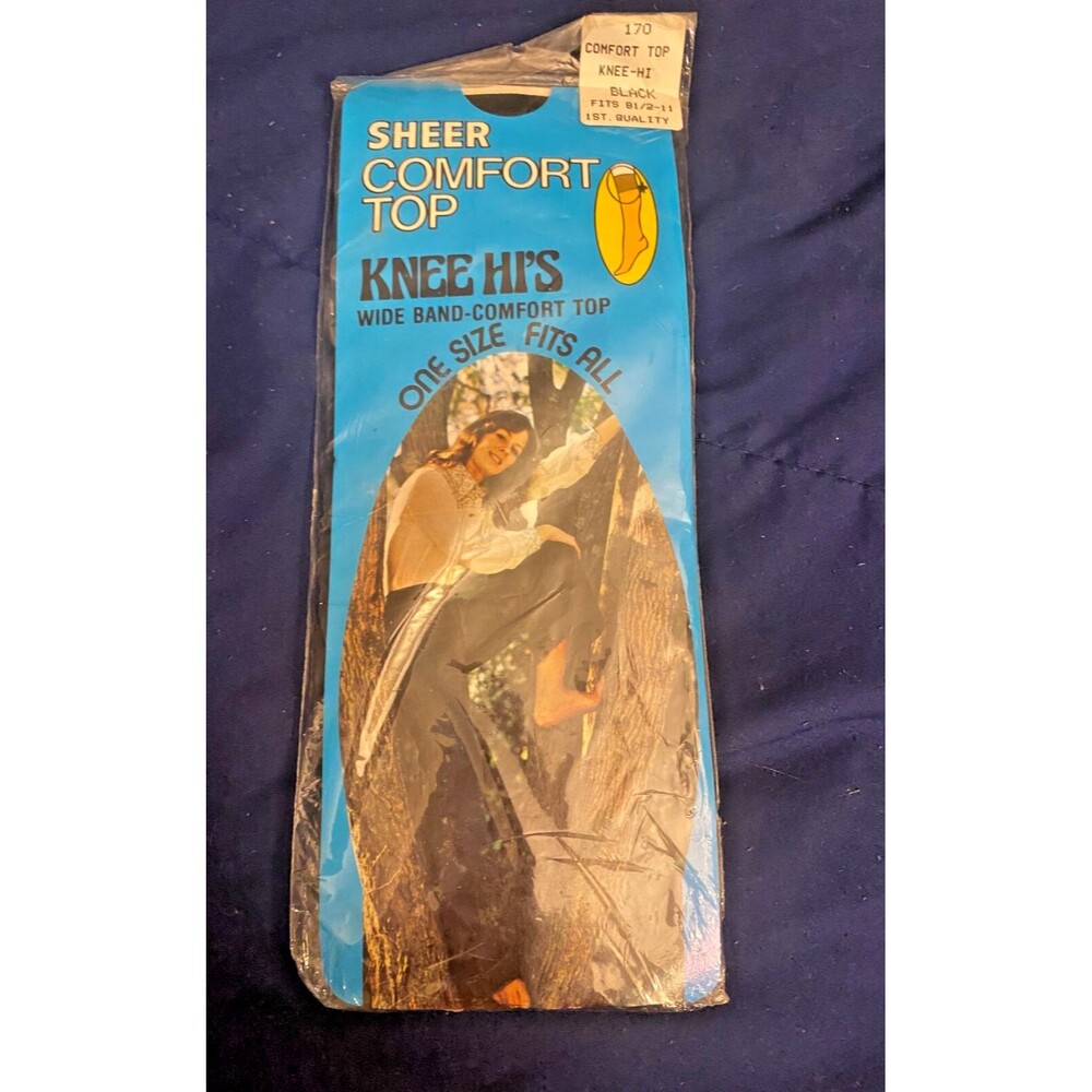 Vintage Sheer Comfort Top Knee Hi's highs Wide Band Tights Socks Black Retro